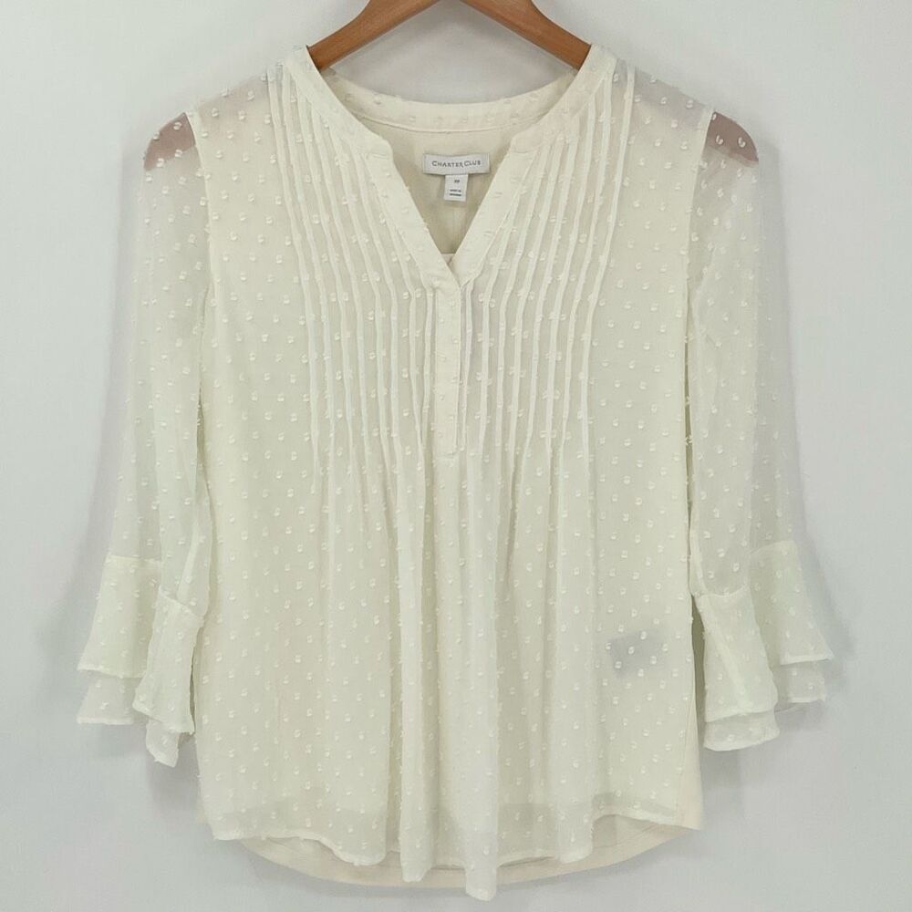 Charter Club Ruffle Textured Pintuck Top Swiss Dot Ivory Women Small Petite NWT